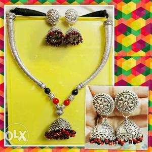 Silver Beaded Pendant With Pair Of Jhumka Earrings