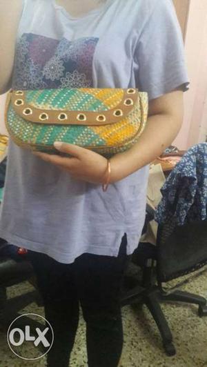 Womebn's Yellow Brown And Blue Sling Bag