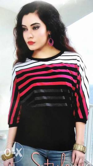 Women's Black, Pink, And White Stripe Scoop Neck 3/4 Sleeve