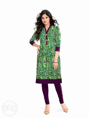 Women's Green And Purple Floral Kameez