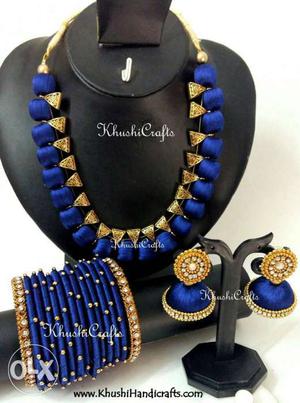 Women's Pair Of Blue-and-gold Silk Thread Jhumkas And Silk
