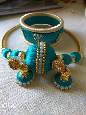 Women's Teal And Gold Bangles, Necklace And Earrings