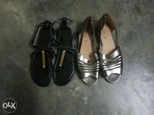 Women's Two Pairs Of Gray And Black Leather Flat Sandals