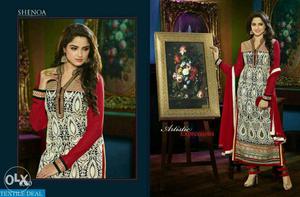 Women's White, Red, And Grey Floral Salway Kameez