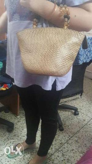 Woven Leather Brown Handbag