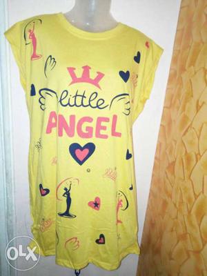 Yellow, Black, And Pink Little Angel Printed Crew-neck