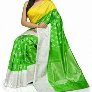 Yellow, Green, And Grey Sari