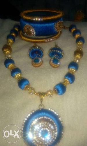 Blue And Beige Silk Thread Necklace, Bangles And Jumkha