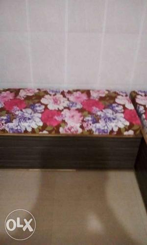 Brown Wooden Frame White, Pink, And Green Floral Bed