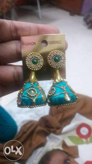 Pair Of Blue Silk Tread Jhumka Earrings