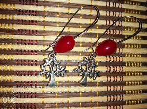 Pair Of Women's Silver-and-red Tree Themed Dangling Earrings