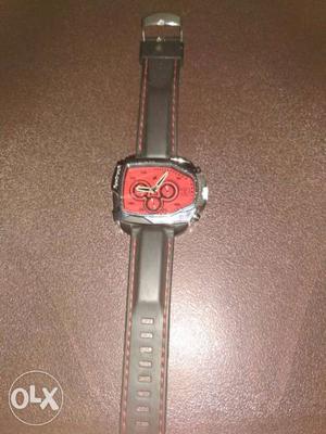 Red Rectangular Chronograph Watch With Black Strap