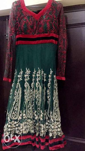 Red and Green colour frock suit with matching