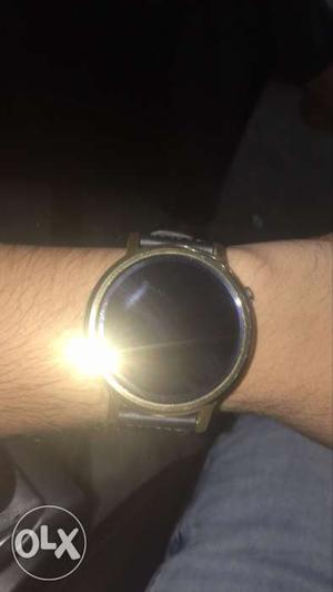 Round Black Digital Watch With Black Leather Strap