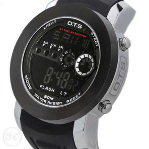 Round Black O.T.S. Digital Watch With Black Rubber Band
