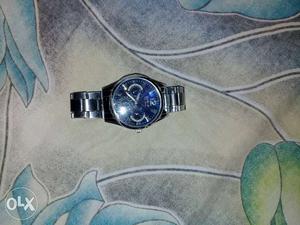 Round Blue Chronograph Watch With Silver Link Bracelet