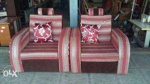 Two Red And White Stripe Suede Sofa Chairs