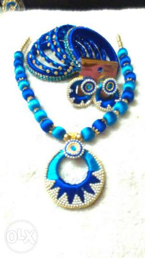 Women's Blue Thread Necklace, Earrings And Bracelets