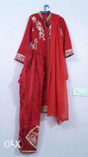 Women's Red And White Floral Embroidered Traditional Dress