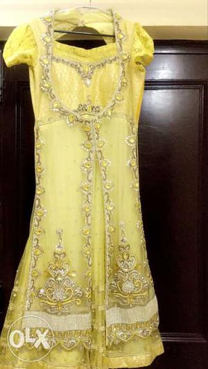 Yellow frock suit with dupatta and pajami
