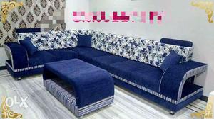Blue And White Floral Velvet Cushioned Sectional Sofa With