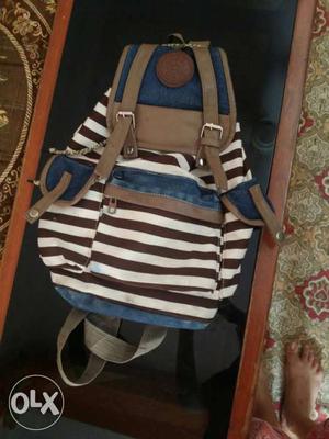 Blue, Brown, And White Stripe Backpack