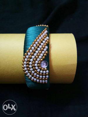 Blue, White, And Gold-colored Silk Thread Bangle