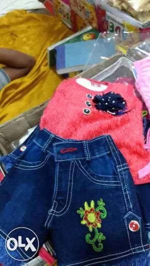 Brand new Toddler's Pink Crew-neck Shirt With Denim Shorts