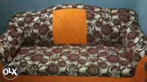 Brown And Orange Floral Print Suede Couch