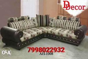 Brown, White, And Green Leafed Printed Sectional Couch