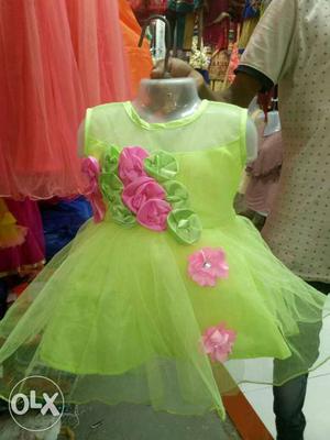 Girl's Green And Pink Floral Dress