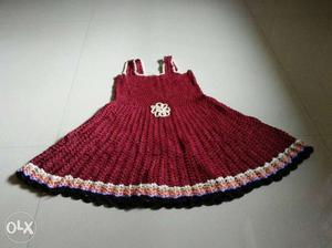 Girl's Red And Black Knitted Sleeveless Dress