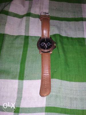 Round Brown Chronograph Watch With Leather Strap