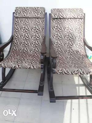 Two Brown Wooden Black And White Zebra Print Rocking Chairs