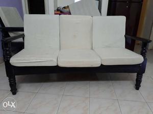 White Fabric Padded 3-seater Teak wood sofa + 2 single