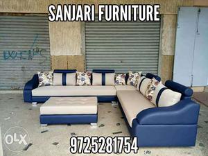 White-and-blue Sanjari Bench Sofa Set