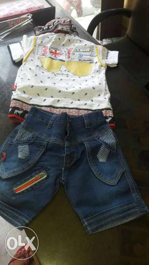Toddler's White Shirt And Blue Denim Shorts