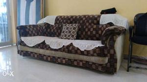 Beidge And Brown Checked Padded Rolled-arm seven seater sofa