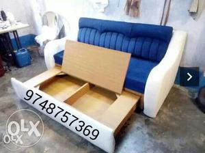 Beige And Blue Suede 3-seat Sofa