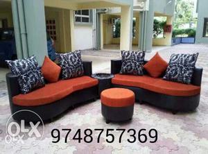 Black And Red Fabric Sofas With Round Ottoman