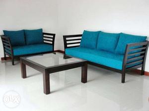 Black Wooden Frame Blue Fabric Cushion Futon Sofa Set