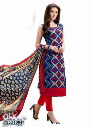 Women's Blue And Red Churidar