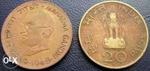 Indian 20 paise coin,gandhi ji series