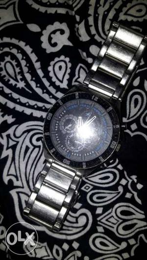 Black And Silver Chronograph Watch With Silver Strap