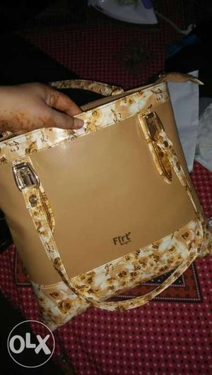 Brown And White Floral Firt Leather Tote Bag