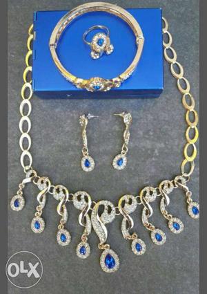 Gold-and-blue Gemstone Necklace, Earrings, Ring And Bracelet