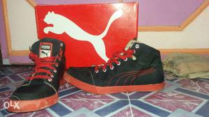 Pair Of Black-and-red Puma High-top Sneakers With Box