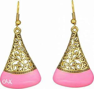 Pair Of Gold-and-pink Laser-cut Hook Earrings