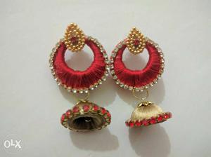 Pair Of Red-and-brown Silk Thread Jhumka