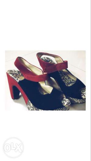 Pair Of Red-gray-and-black Peep-toe Ankle Strap Chunky Heel